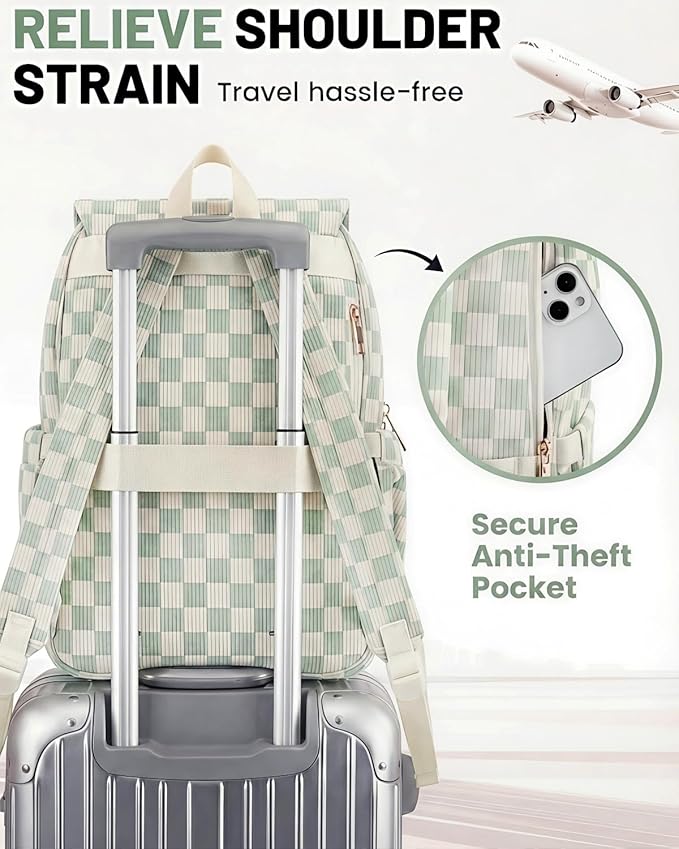 Corduroy Laptop Backpack for Women, Fits 15.6 Inch Computer Bag, College High School Bookbag Travel Daypack Purse, Work Business Bags - Corduroy Checkered Green