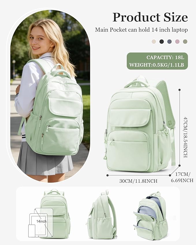 School Backpack for Women Men Cute Backpack for College Students Lightweight High School bag for Teens Girls Boys Waterproof Casual Daypacks Bookbag（MintGreen）