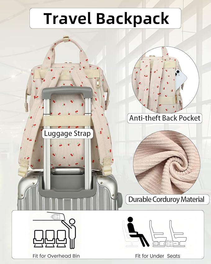 Laptop Backpacks for Women, Corduroy High School College Bookbag 15.6 Inch Laptop Bags for Girls Travel Daypack - Cherry Beige