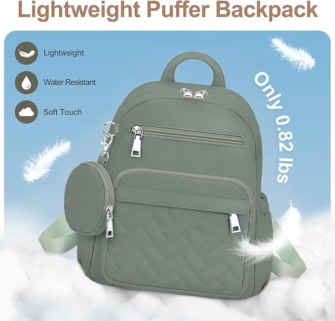 Mini Backpack for Women Small Backpack Purse, Anti Theft Backpack Waterproof Lightweight Puffer Back packs for Travel, Work with Coin Purse Green