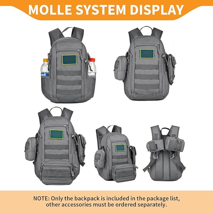 HUNTVP 10L Tactical Backpack Small Backpack Mini Daypack Military MOLLE Rucksack Gear Tactical Assault Pack Bag for Hunting Camping Trekking(10l-grey)
