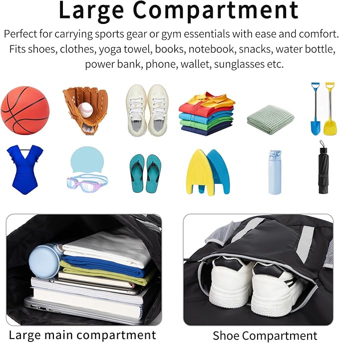 Drawstring Backpack for Kids Sports Gym Bag with Shoes Compartment, Water Resistant Beach Swim Bag String Backpack for Boys and Girls, Black