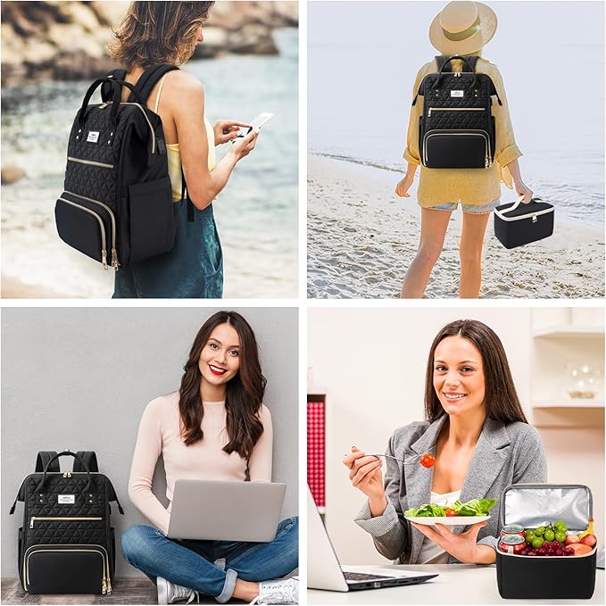 ETRONIK Lunch Backpack for Women, 15.6 inch Laptop Backpack with USB Port, Teacher Nurse Work Backpack with Cooler Bag Insulated Laptop bag Gifts for Women Men, Black