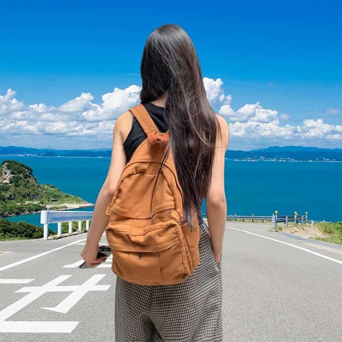 Light Brown Canvas Backpack for Women & Men Retro Aesthetic Rucksack Basic Backpack for High School/College Students Travel Laptop Bag