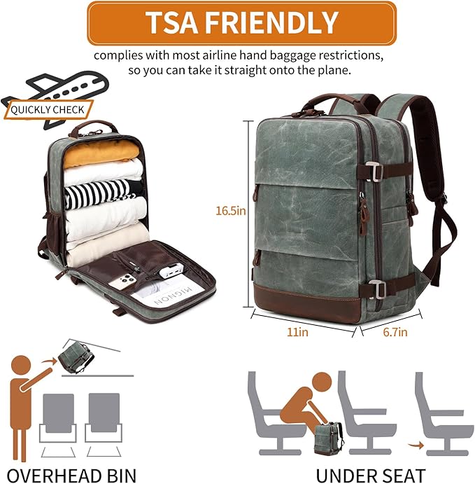 BOVIP Travel Backpack for Men Carry On Backpack Flight Approved Personal Item Backpack, 17 inch Laptop Backpack Casual Daypack Weekender Business Hiking Backpack, Dark Green