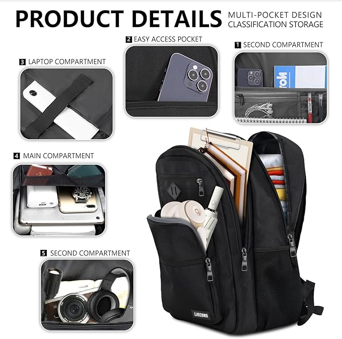 Black Backpack for Men, School Backpack for Boys Teens,15.6 inch Laptop Back Pack with Reinforced Straps, Backpacks for School Business Work College Travel, College Book Bag, Bookbag