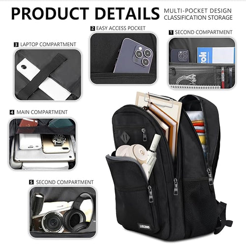 Black Backpack for Men, School Backpack for Boys Teens,15.6 inch Laptop Back Pack with Reinforced Straps, Backpacks for School Business Work College Travel, College Book Bag, Bookbag