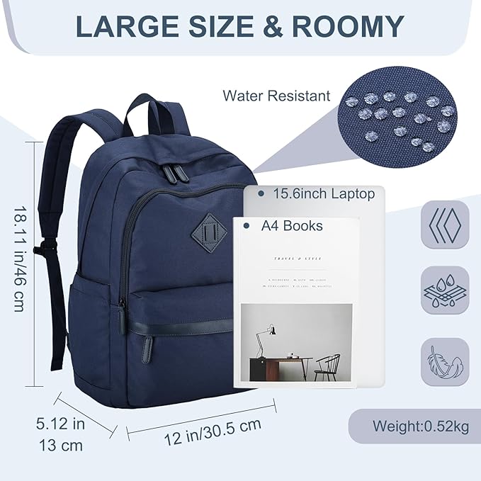 RAVUO Backpack for School, Large Mens Boobbag Water Resistant 15.6 inch Laptop Back Pack for College Unisex Schoolbag Daypack with Compartments for College Work Travel,Blue