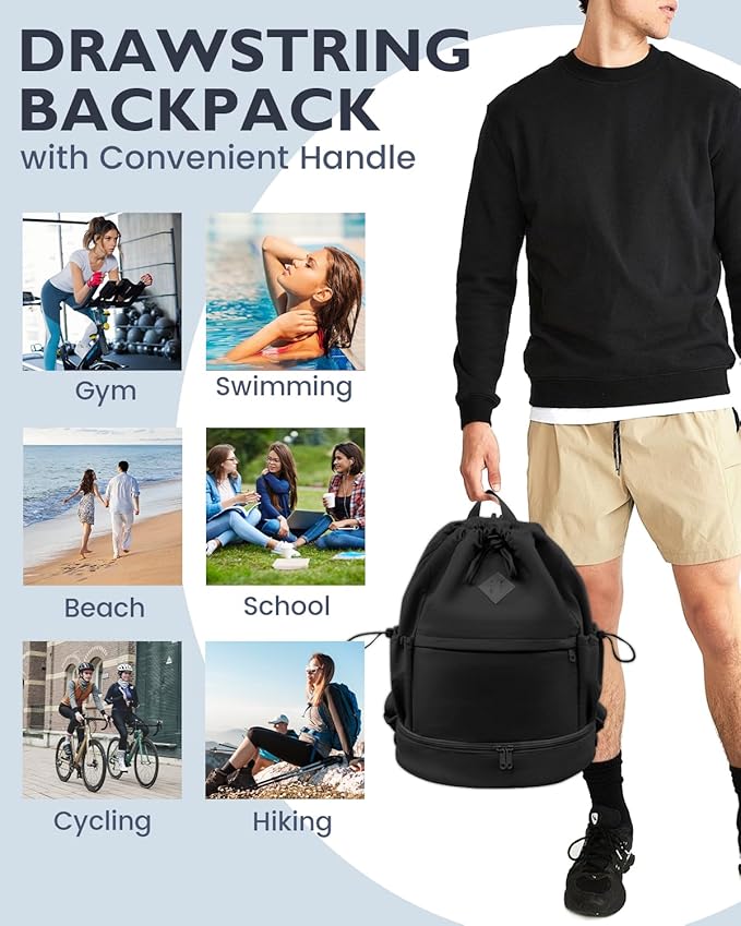 Drawstring Backpack Sports Gym Bag with Shoe Compartment and Wet Pocket String Swim Bag for Women Men Beach Backpack, Black