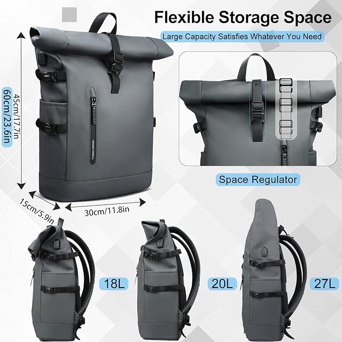 Rolltop Backpack for Men, Waterproof Travel Backpack with USB Charging Port, Large Capacity Adjustable18-27L Laptop Backpack for 15.6 Inch, Expandable Casual Daypack for Work Business College-Grey