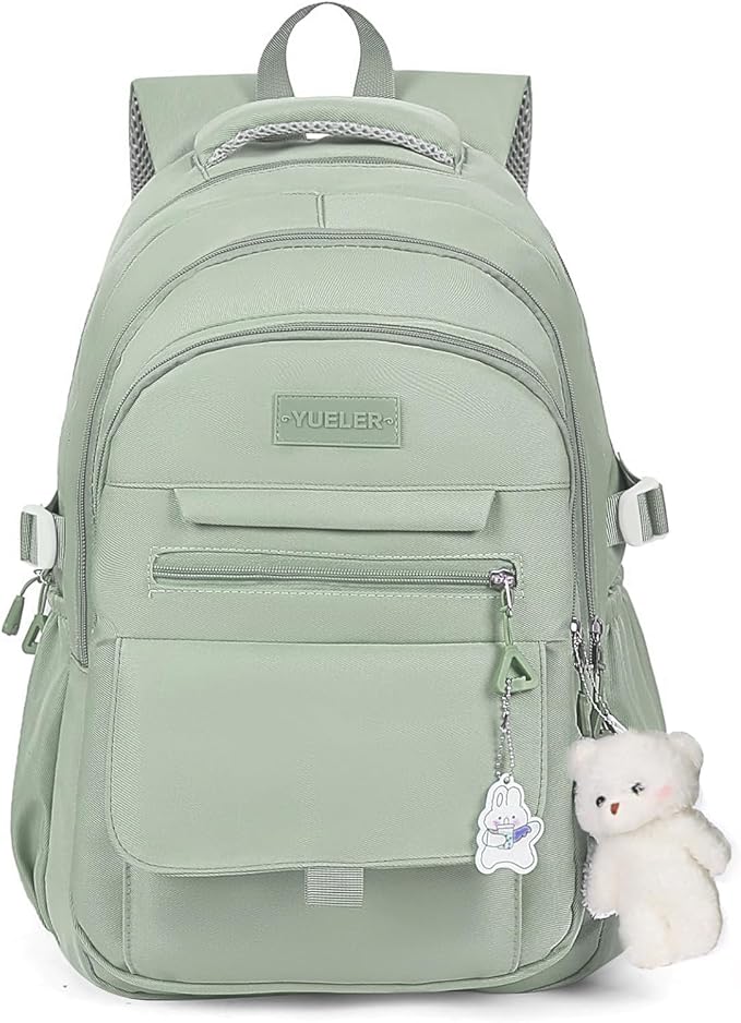 Girls Backpack for College High Middle School Student, Cute Aesthetic Bookbag for Teens Women with Accessories,Green