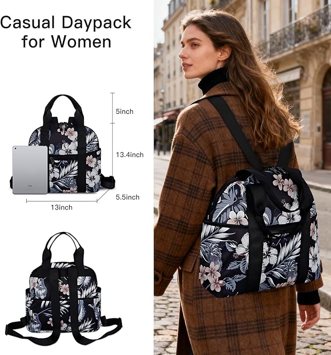 Women’s Backpack Purse Medium Size with Trolley Sleeve, Adjustable Strap/Top Handle, Water Resistant Travel Daypack, Hawaii Flower