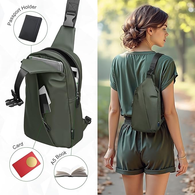 Small Sling Bag, Waterproof Nylon 7.9 Inch Crossbody Chest Bags Daypack Backpack with Anti-theft Pocket for Men Women (Dark Green)