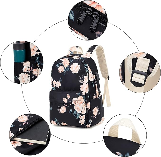 Laptop Backpack for Girls Women, School Backpack with Lunch Bag and Pencil Bag, College Bookbag Travel Daypack with USB Charging Port and Headphone Interface, Floral