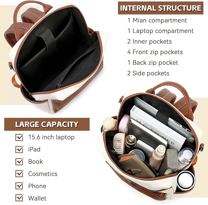 Vegan Leather Laptop Backpack for Women 15.6 Inch Work Backpack Purse for Travel College