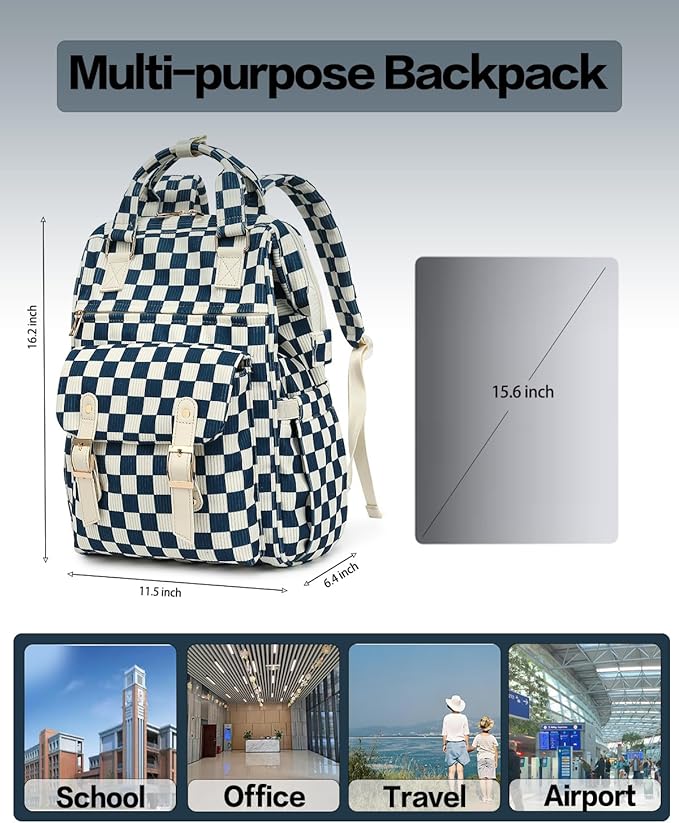 Laptop Backpacks for Women, Corduroy High School College Bookbag 15.6 Inch Laptop Bags for Girls Travel Daypack - Checkered Navy Blue