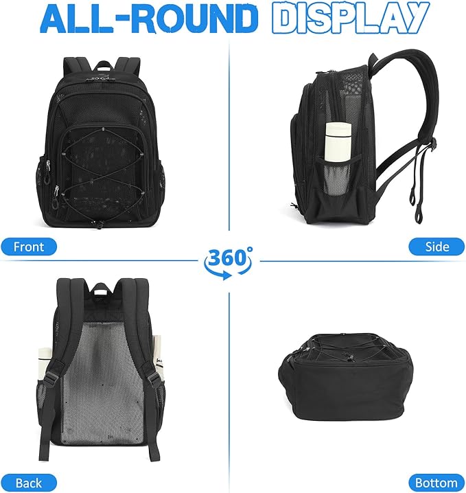 Mesh Backpack, Heavy Duty Mesh Bookbag for Girls Boys Kids, See Through Clear Backpacks, Net Backpack Transparent Breathable for School Beach Swim Travel Outdoor, Black