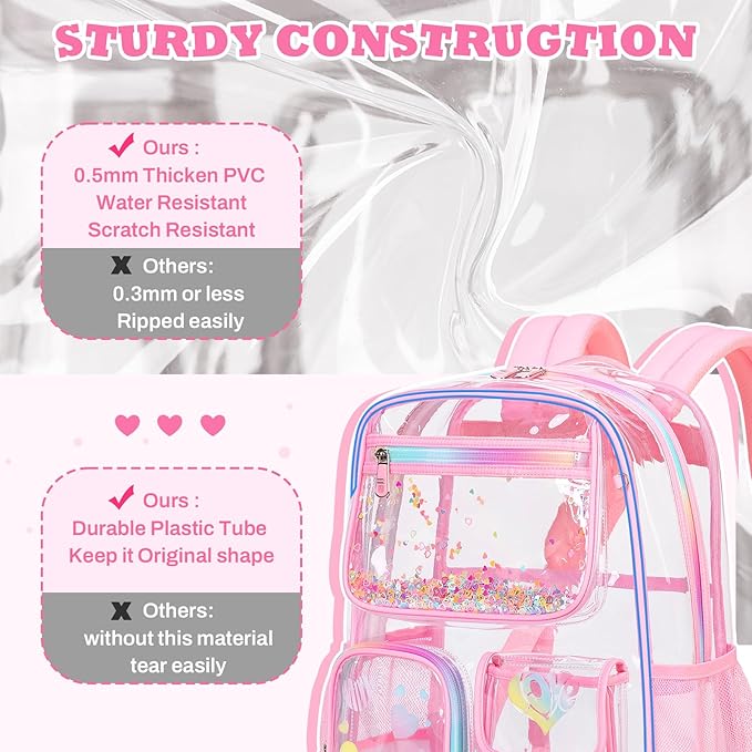 Clear Backpack for School,Heavy Duty PVC Transparent Bookbag for Girls Stadium Approved See Through Backpack