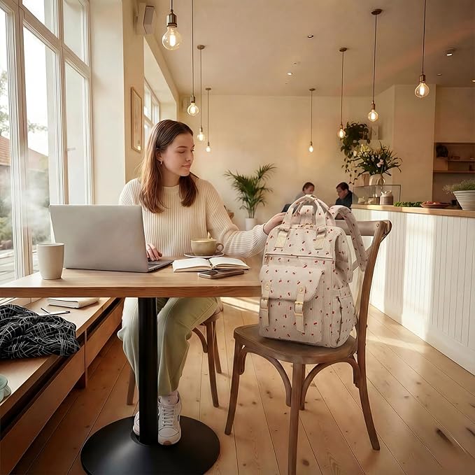 Corduroy Laptop Backpack for Women 15.6 Inch Stylish College School Bookbag, Business Work & Travel Computer Backpacks (Cherry Beige)
