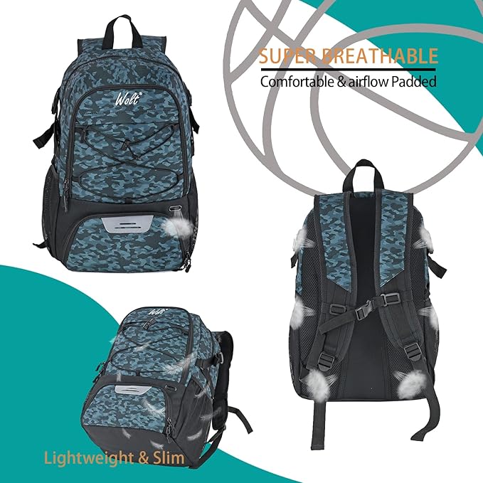 WOLT Basketball Backpack Large Sports Bag with Separate Ball Holder & Shoes Compartment, Best for Basketball, Soccer,Gym