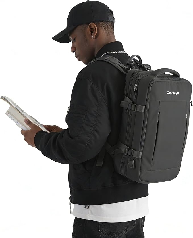 Travel Backpack, Expandable Large Capacity Business Work, Water Repellent Carry On Daypack with USB Charging Port, Fit 17 Inch Laptop, Bag for Men and Women, Black