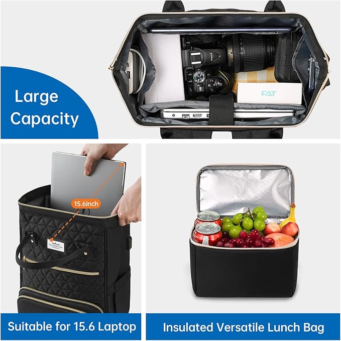 ETRONIK Lunch Backpack for Women, 15.6 inch Laptop Backpack with USB Port, Teacher Nurse Work Backpack with Cooler Bag Insulated Laptop bag Gifts for Women Men, Black
