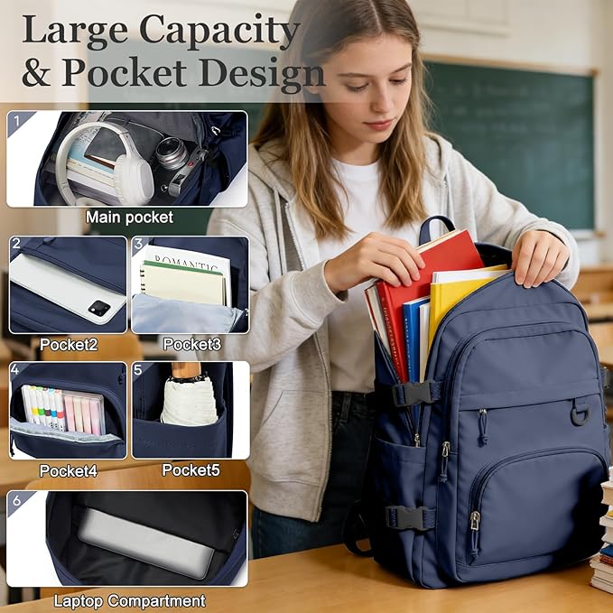 Lightweight College Backpack Cute School Bag High School Backpack Casual Daypack Backpack (Dark Blue)