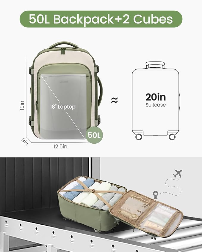 LOVEVOOK 50L Travel Backpack for Women & Men, Airline Approved Carry On Backpack, TSA Personal Item Bag fits 18.0 Inch Laptop, Waterproof Weekender Overnight Bags Suitcase for Work, Light Green