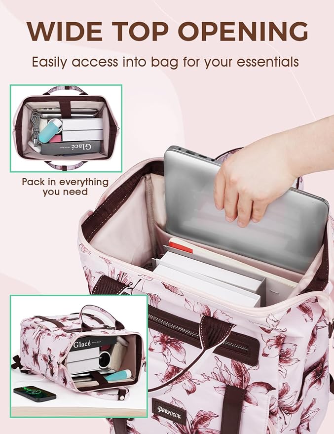 Laptop Backpack for Women, 15.6inch Wide Open Work Business Laptop Backpack with USB Charging Hole, Backpack Purse Computer Casual Backpacks Gift for Teacher Doctor Nurse College