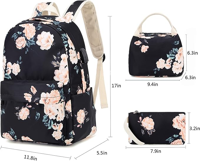 Laptop Backpack for Girls Women, School Backpack with Lunch Bag and Pencil Bag, College Bookbag Travel Daypack with USB Charging Port and Headphone Interface, Floral