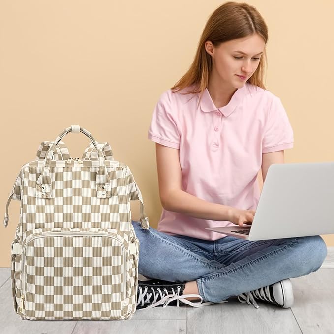 Laptop Backpack for Women, Corduroy College School Backpack Bookbag 15.6 inch Business Computer Travel Backpack (Checkered Brown)