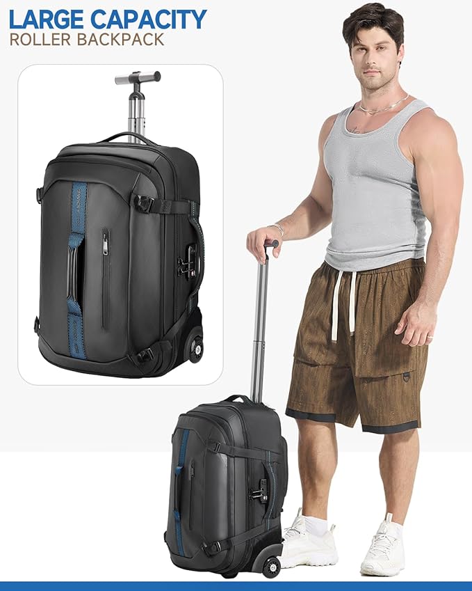 Backpack with wheels,Rolling laptop backpack with 2 Packing Cubes,Water-Resistant,Carry-On Luggage Suitcase for Men Adults to Travel, Commuting,Black
