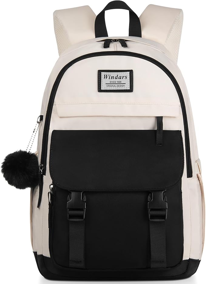 School Backpack for Teen Girls, Cute College Backpacks for Women Students Aesthetic Bookbag Large 17.3 Inch Laptop Bag Middle School Travel Back Pack (Black Beige)