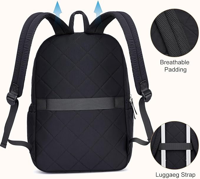 Backpack for Men and Women, School Backpack for Boys Girls, Quilted Casual Travel Daypack, Water-Resistant Bookbag for 15.6 Inch Laptop, Black