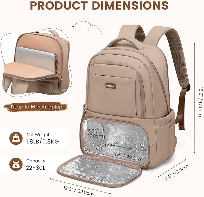 Lunch Backpack 16 Inch Laptop Backpack with Insulated Cooler Lunch Box Food Bag for College Work Camping Picnics (Champagne)
