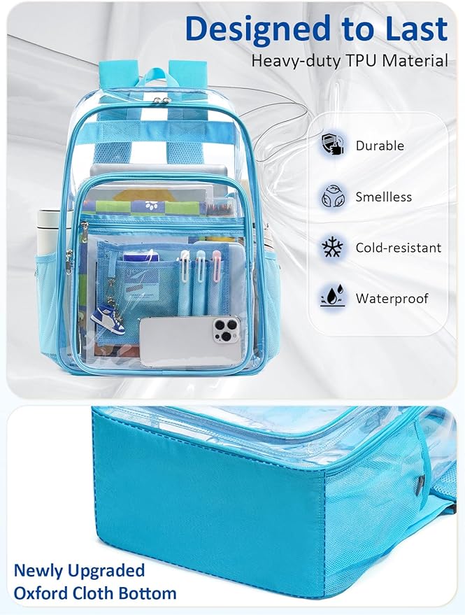 Extra Large Clear Backpack with TSA Lock, Heavy Duty Transparent See Through Clear Bookbag for College, Work, Travel, Casual Sport, Light Blue
