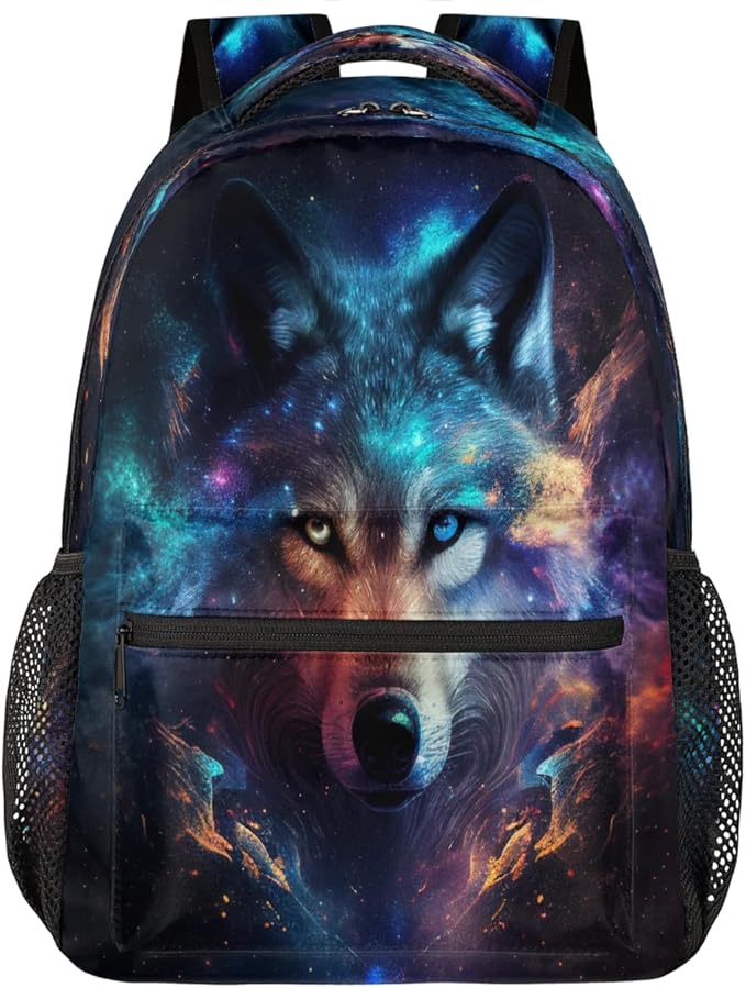 Pardick Animal Wolf Galaxy Backpack for Kids Girls Boys Lightweight School College Students 18in Bookbag Large Capacity Computer Backpacks Laptop Rucksack Travel Gym Hiking Camping Daypack