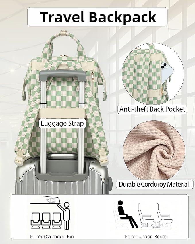 Laptop Backpacks for Women, Corduroy High School College Bookbag 15.6 Inch Laptop Bags for Girls Travel Daypack - Checkered Green