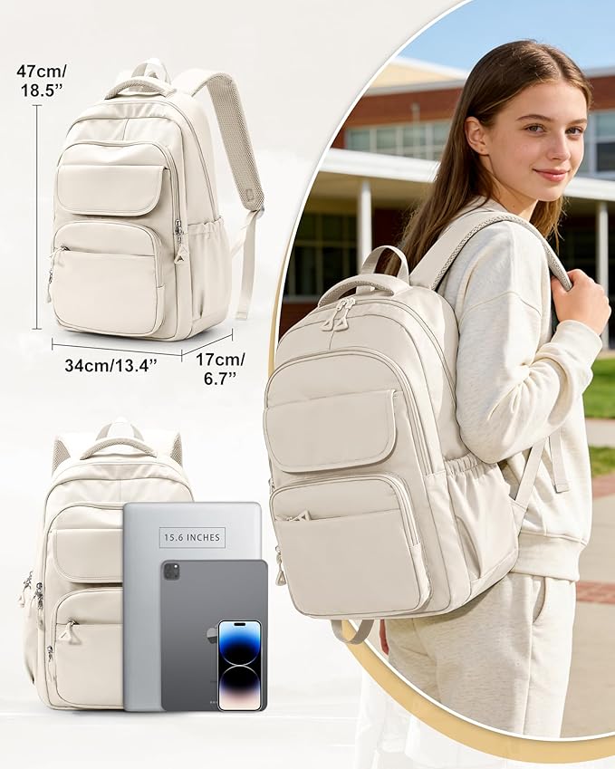 School Backpack for Girls, High Elementary School Laptop Backpack College Student Women Bookbag, Mochilas Escolares para Niñas, Teens Girls Bookbag Casual Daypack, Beige
