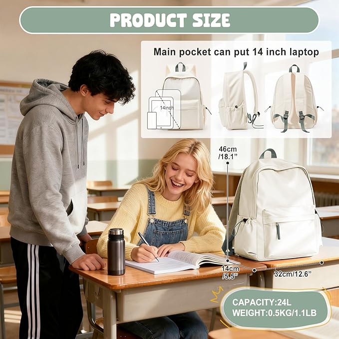VECAVE School Backpack for Women Men, Lightweight Travel Casual Daypack Laptop Rucksack, Waterproof College High Secondary School Bags Bookbag for Boys Girls Teens BeigeGreen
