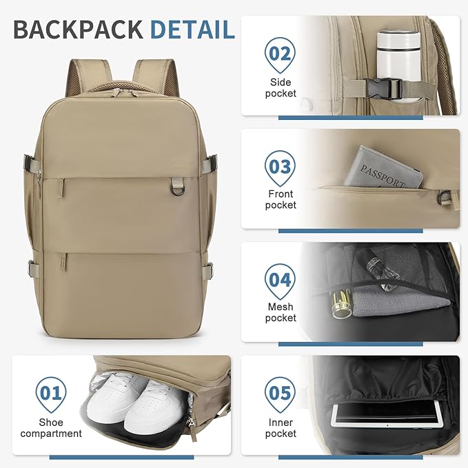 Travel Backpack for Men Women, 35L Laptop Backpack W/Shoe Compartment, Water Resistant Flight Approved Fits 15.6-inch Laptop, Khaki