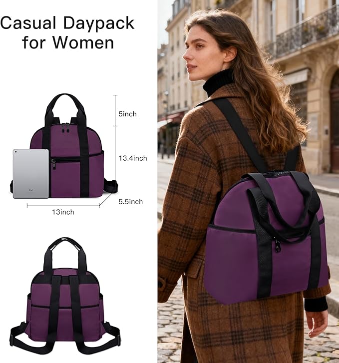 Women’s Backpack Purse Medium Size with Trolley Sleeve, Adjustable Strap/Top Handle, Water Resistant Travel Daypack, Purple