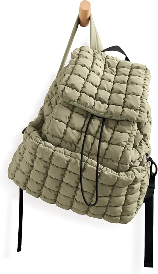 ODODOS Quilted Backpack 2.0 for Women Lightweight Puffer Hiker Pack Drawstring Padding Travel Gym Bag, Gray Green