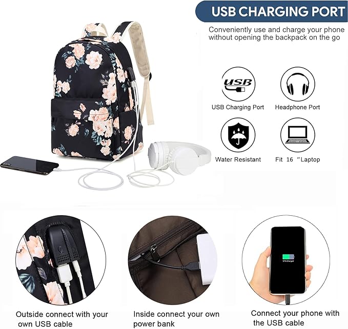 Laptop Backpack for Girls Women, School Backpack with Lunch Bag and Pencil Bag, College Bookbag Travel Daypack with USB Charging Port and Headphone Interface, Floral