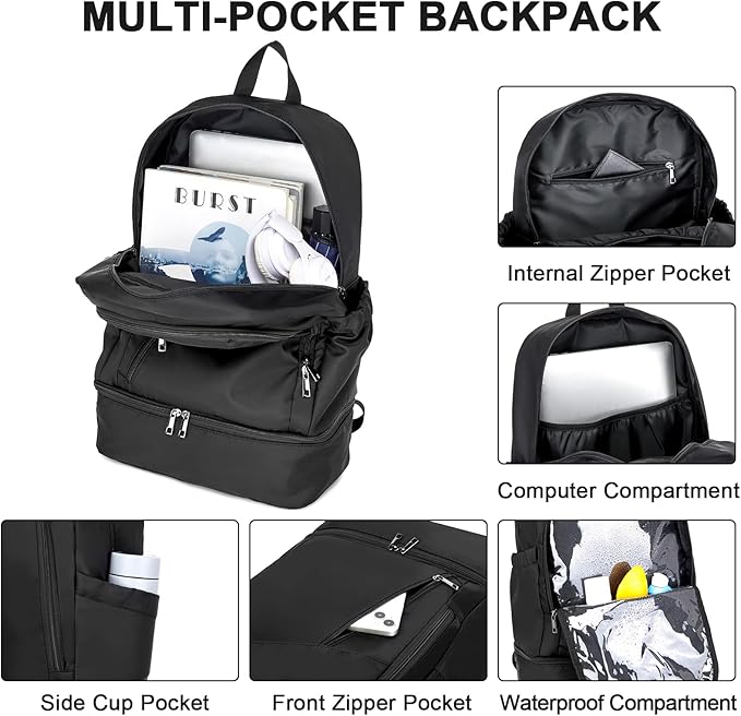seyfocnia Gym Backpack for Men,Waterproof Gym Bag With Shoe Compartment Lightweight Travel Bag Sports Backpack Casual Daypack-Black