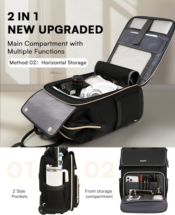Rolling Backpack for Women, Travel Rolling Laptop Backpack with Wheels, Vertical & Horizontal Storage 2 In 1, Flip-Top Design, Water-Resistant Overnight College Underseat Carry on Luggage
