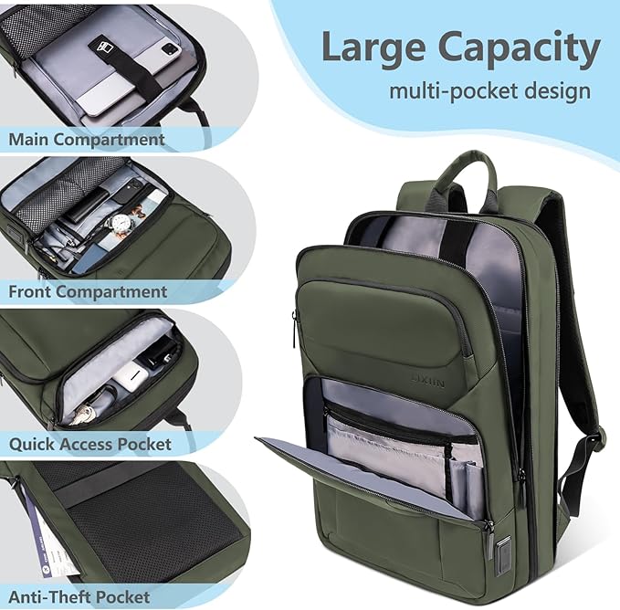 Backpack for Men Slim & Expandable Travel Laptop Backpack with USB Charging Port Water Resistant Anti-Theft Business Backpack Fits 15.6In Laptop for Commute Work College with Small Bag(Olive Green)