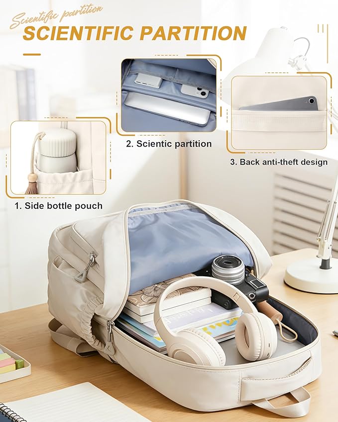 School Backpack for Girls, High Elementary School Laptop Backpack College Student Women Bookbag, Mochilas Escolares para Niñas, Teens Girls Bookbag Casual Daypack, Beige