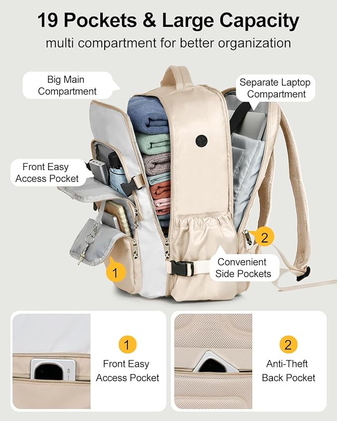 Travel Backpack for Women & Men, Large Carry On Personal Item Bag Airline Approved, Waterproof Traveling Overnight Bags, Gifts Laptop Backpack for Travelers College-Students Commuters (Beige/White)