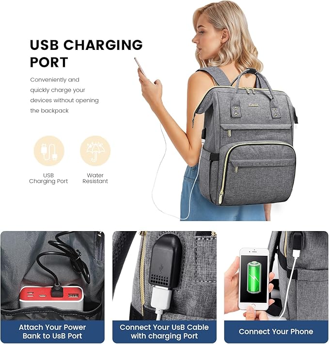 LOVEVOOK Extra Large Travel Laptop Backpack Women, 18 Inch Womens Work Backpack Purse, Waterproof Anti-theft Travel Back Pack with USB Charging Port for College Teacher Nurse, Grey